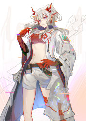 Rule 34 | 1girl, absurdres, arknights, bandeau, belt, black belt, breasts, coat, commentary, feet out of frame, grin, half updo, hand on own hip, hand up, highres, holding, horns, long hair, long sleeves, looking at viewer, midriff, multicolored hair, naoel (naoel art), navel, nian (arknights), open clothes, open coat, pointy ears, purple eyes, red hair, shorts, silver hair, small breasts, smile, solo, standing, stomach, strapless, streaked hair, tube top, white coat, white shorts, wide sleeves