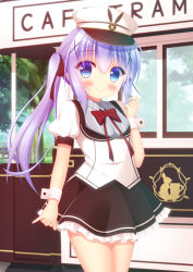 Rule 34 | 1girl, alternate hairstyle, black skirt, blue eyes, blue hair, blush, bow, closed mouth, collared shirt, commentary request, day, frilled skirt, frills, gochuumon wa usagi desu ka?, grey shirt, hair between eyes, hair ornament, hat, highres, holding, holding whistle, jacket, kafuu chino, long hair, outdoors, peaked cap, puffy short sleeves, puffy sleeves, red bow, shirt, short sleeves, side ponytail, skirt, smile, solo, striped clothes, striped shirt, tree, uniform, vertical-striped clothes, vertical-striped shirt, very long hair, whistle, white hat, white jacket, wrist cuffs, x hair ornament, yukatama