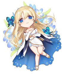 Rule 34 | 1girl, blonde hair, blue butterfly, blue eyes, blush, bug, butterfly, chibi, closed mouth, commission, dress, earrings, flower, gg dal, insect, jewelry, long hair, looking at viewer, lying, on back, original, pointy ears, shoes, simple background, smile, solo, white background, white dress, white footwear