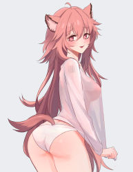 Rule 34 | 1girl, :3, :d, absurdres, ahoge, alternate costume, animal ear fluff, animal ears, arknights, barcode, barcode tattoo, blush, breasts, commentary request, cowboy shot, from behind, gravel (arknights), highres, holding, holding clothes, holding shirt, long hair, looking at viewer, looking back, medium breasts, mouse ears, open mouth, panties, pink eyes, pink hair, shino duka, shirt, shoulder tattoo, smile, solo, tattoo, underwear, white panties, white shirt