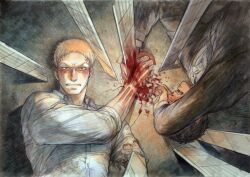 Rule 34 | 2boys, bertolt hoover, blade, blood, blood on hands, collared shirt, covering own eyes, crying, from above, frown, holding hands, impaled, looking at viewer, male focus, multiple boys, prema-ja, reiner braun, shingeki no kyojin, shirt, short hair, spoilers, symbolism, upper body