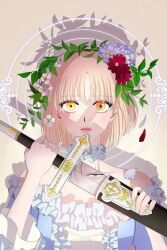 Rule 34 | 1girl, beige background, blonde hair, closed mouth, dress, edna (light and shadow), flower, flower on head, light and shadow, long hair, looking at viewer, serious, sword, weapon, white dress, yellow eyes