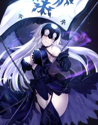 Rule 34 | 1girl, adapted costume, bare shoulders, black dress, black legwear, blush, breasts, chain, cleavage, dress, fate/grand order, fate (series), flag, garter straps, gauntlets, headpiece, jeanne d&#039;arc (fate), jeanne d&#039;arc alter (avenger) (fate), jeanne d&#039;arc alter (fate), large breasts, long hair, looking at viewer, pale skin, polearm, silver hair, smile, solo, thighs, untue, very long hair, weapon, yellow eyes