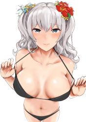 Rule 34 | 1girl, bad id, bad pixiv id, bikini, black bikini, blue eyes, blush, breasts, commentary request, cowboy shot, dosaken, flower, from above, hair flower, hair ornament, halterneck, kantai collection, kashima (kancolle), large breasts, long hair, looking at viewer, silver hair, simple background, smile, solo, strap pull, swimsuit, twintails, white background