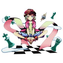 Rule 34 | 10s, 1boy, alpha transparency, blue eyes, brown hat, chess piece, choker, collarbone, divine gate, full body, green eyes, green hair, green shirt, hat, heart, heterochromia, jacket, king (chess), knight (chess), male focus, no game no life, official art, open clothes, open jacket, pawn (chess), pink jacket, rook (chess), shirt, short hair, smile, solo, teto (nausicaa), teto (no game no life), transparent background, ucmm, wrist cuffs