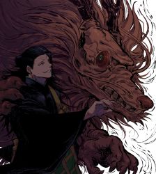 Rule 34 | 1boy, @ @, bad id, bad twitter id, black hair, claws, dragon, earrings, from side, getou suguru, gojo lover, hair bun, highres, horns, jewelry, jujutsu kaisen, long hair, male focus, outstretched hand, robe, simple background, single hair bun, smile, teeth, upper body, whiskers, white background