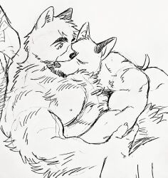 Rule 34 | 2boys, bara, billy russell (dickfish), body fur, chest hair, completely nude, couple, dickfish (fishismdick), dog boy, dog tail, facial hair, fluffy, furrification, furry, furry male, furry with furry, glasses, hairy, heads together, highres, hug, john rottweil (dickfish), large pectorals, male focus, mature male, multiple boys, muscular, muscular male, mustache, nipples, nude, original, pectoral pillow, pectorals, scan, short hair, sideburns, sketch, small tail, tail, thick eyebrows, traditional media, upper body, yaoi