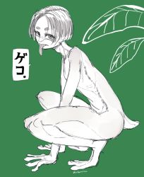 Rule 34 | 1boy, adam&#039;s apple, artist name, blunt ends, frog boy, from side, green background, looking at viewer, male focus, monochrome, monster boy, nude, onikusasami, original, simple background, solo, spot color, squatting, tail, tongue, tongue out