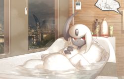 Rule 34 | 1girl, absol, absurdres, artist name, bath, bathing, creatures (company), dated, game freak, gen 3 pokemon, gen 4 pokemon, gen 5 pokemon, glasses, glasses removed, highres, horns, indoors, looking to the side, lucario, night, night sky, nintendo, pokemon, pokemon (creature), pokemon bw, pokemon dppt, pokemon rse, red-framed eyewear, red eyes, reflection, shampoo, signature, single horn, sky, solo focus, star (sky), sweat, text focus, water, wet, white hair, window, zinfyu, zoroark