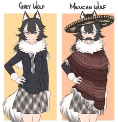 Rule 34 | 10s, 1girl, animal ears, argyle, argyle clothes, argyle necktie, argyle neckwear, argyle skirt, black hair, black jacket, blazer, commentary, cowboy shot, ears through headwear, english text, fake facial hair, fake mustache, fur collar, gloves, grey necktie, grey skirt, grey wolf (kemono friends), hand on own hip, hat, heterochromia, jacket, kemono friends, long hair, looking at viewer, mefomefo, multicolored hair, necktie, orange background, plaid necktie, poncho, skirt, smile, solo, sombrero, streaked hair, tail, unmoving pattern, white gloves, white hair, wolf ears, wolf tail