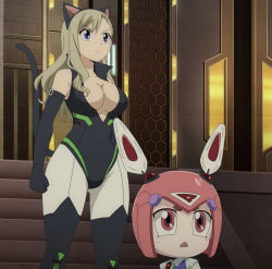Rule 34 | 2girls, animal ears, anime screenshot, blonde hair, blue eyes, breasts, cat ears, cat tail, cleavage, eden&#039;s zero, highres, large breasts, long hair, multiple girls, pink eyes, pino (eden&#039;s zero), rebecca bluegarden, robot, screencap, stitched, tail, third-party edit
