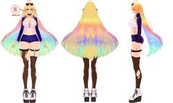 Rule 34 | 1girl, 3d, absurdres, ahoge, arielle (vtuber), ass, blonde hair, blue eyes, breasts, chain, ear piercing, english text, fingernails, full body, garter straps, highres, jacket, large breasts, latex, long hair, model sheet, multicolored hair, multiple views, piercing, sharp fingernails, shoes, shorts, speech bubble, sunglasses on head, thighhighs, torn clothes, torn legwear, turnaround, virtual youtuber, white background, zipper
