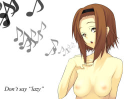 Rule 34 | 00s, 1girl, breasts, brown eyes, brown hair, coach (artist), completely nude, don&#039;t say &quot;lazy&quot;, female focus, hairband, headband, k-on!, ko chi, medium breasts, music, musical note, nipples, nude, short hair, singing, solo, tainaka ritsu, tomboy, white background