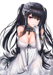 Rule 34 | 1girl, 3kneko, azur lane, bare shoulders, black hair, blush, breasts, cleavage, dress, elbow gloves, flower, gloves, hair flower, hair ornament, large breasts, long hair, looking at viewer, official alternate costume, peter strasser (azur lane), peter strasser (a moment frozen in pure white) (azur lane), purple eyes, rose, sidelocks, solo, twintails, very long hair, white dress, white flower, white gloves, white rose