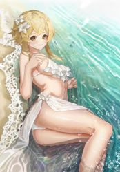 Rule 34 | bare arms, bare shoulders, beach, bikini, blonde hair, closed mouth, day, esuma gt, feet out of frame, genshin impact, highres, looking at viewer, lumine (genshin impact), lying, ocean, on side, outdoors, shore, short hair with long locks, sidelocks, swimsuit, thighs, water, wet, white bikini, yellow eyes