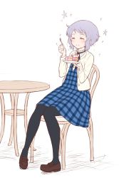 Rule 34 | black pantyhose, blue dress, brown footwear, cardigan, chair, checkered clothes, checkered dress, closed eyes, dress, food, fork, hand up, happy, highres, holding, holding fork, holding plate, idolmaster, idolmaster million live!, long sleeves, makabe mizuki, neck ribbon, pantyhose, plate, purple hair, razi, ribbon, shoes, short hair, sidelocks, sitting, solo, sparkle, sweets, table, white background, white cardigan