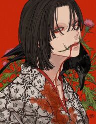 Rule 34 | 1boy, animal, animal on shoulder, bird, bird on shoulder, bishounen, blood, blood from mouth, blood on clothes, brown eyes, brown hair, closed mouth, crow, flame print, flower, from side, highres, japanese clothes, kagoya1219, kimono, long bangs, looking at viewer, looking to the side, male focus, mouth hold, original, pink flower, portrait, red background, short hair, signature, simple background, solo, thistle, white kimono