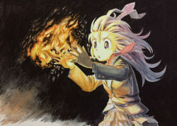 Rule 34 | 1girl, animal ears, black eyes, black jacket, blazer, breath weapon, breathing fire, colored pencil (medium), commentary request, cookie (touhou), cowboy shot, fire, hair blowing, hisui (cookie), jacket, long hair, looking afar, necktie, open mouth, pink skirt, purple hair, pyrokinesis, rabbit ears, red necktie, reisen udongein inaba, shirt, skirt, solo, touhou, traditional media, white shirt, yukiman