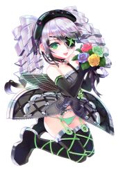 Rule 34 | 1girl, :d, absurdres, black dress, black gloves, black thighhighs, bouquet, choker, collar, collarbone, cross-laced footwear, dress, drill hair, elbow gloves, eyepatch, flower, game console, garter belt, gloves, green eyes, green panties, groin, highres, kasukabe akira, looking at viewer, microsoft, navel, o-ring, open mouth, panties, personification, purple hair, rose, smile, thighhighs, underwear, xbox one (personification)