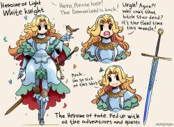 Rule 34 | 1girl, armor, armored dress, bird, bird on hand, black eyes, blonde hair, bored, bug, butterfly, dress, english text, insect, knight, long hair, looking at viewer, mole, mole under eye, murgoten, original, signature, simple background, solo, sword, very long hair, weapon, white knight (murgoten), white knights uniform