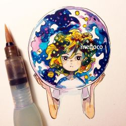 Rule 34 | 1girl, art tools in frame, artist name, bad id, bad instagram id, black eyes, floating hair, green hair, holding, looking at viewer, meyoco, orb, original, photo (medium), planet, saturn (planet), shirt, short hair, solo, traditional media, upper body, white shirt