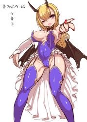Rule 34 | 1girl, bare shoulders, blonde hair, blush, bow, breasts, cameltoe, demon girl, elbow gloves, female focus, garter straps, gloves, hair bow, harigane shinshi, highres, horns, large breasts, leotard, long hair, one eye closed, original, pointy ears, purple eyes, simple background, sketch, solo, thighhighs, white background, wings
