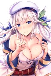 Rule 34 | 1girl, bare shoulders, belt, beret, blonde hair, blue eyes, blue ribbon, blush, breasts, cai geng, camisole, cleavage, closed mouth, collarbone, cucouroux (granblue fantasy), finger to mouth, granblue fantasy, hair ribbon, hat, index finger raised, jacket, large breasts, long hair, looking at viewer, off shoulder, open clothes, open jacket, ribbon, shushing, sidelocks, simple background, smile, solo, strap pull, twintails, white background, white camisole, white jacket