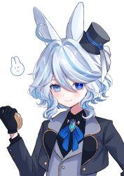 Rule 34 | 1girl, ahoge, animal ears, black gloves, black hat, black jacket, blue bow, blue bowtie, blue eyes, blue hair, blush, bow, bowtie, brooch, commentary request, furina (genshin impact), genshin impact, gloves, hair intakes, hat, highres, holding, jacket, jewelry, kemonomimi mode, long sleeves, looking at viewer, mini hat, mini top hat, mochi mochi052, rabbit ears, short hair, smile, solo, top hat, upper body