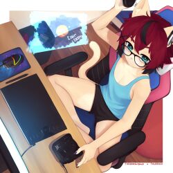 Rule 34 | 1girl, absurdres, aeiou (yoako), black panties, blue camisole, boyshort panties, breasts, camisole, chair, cleavage, closed mouth, drawing tablet, from above, furry, furry female, gaming chair, green eyes, hair ornament, hairclip, headphones, headphones for animal ears, highres, huion, indian style, looking at viewer, medium hair, mouse (computer), multicolored hair, on chair, original, panties, power symbol-shaped pupils, red hair, sitting, small breasts, solo, streaked hair, stylus, swivel chair, symbol-shaped pupils, tail, tourbox, underwear, x hair ornament, yoako
