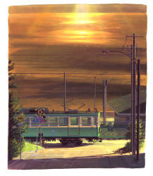 Rule 34 | building, commentary request, enoshima electric railway, highres, no humans, ocean, original, outdoors, painting (medium), power lines, road, road sign, rural, scenery, shonan211, sign, street, sunset, traditional media, traffic light, train, utility pole, vanishing point, water, watercolor (medium)