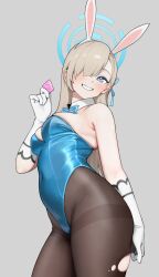 Rule 34 | 1girl, absurdres, animal ears, asuna (blue archive), asuna (bunny) (blue archive), bare shoulders, blue archive, blue bow, blue eyes, blue leotard, blue ribbon, blush, bow, bowtie, breasts, commentary, condom, condom wrapper, covered navel, cowboy shot, detached collar, elbow gloves, fake animal ears, gloves, grey background, grin, hair over one eye, halo, highleg, highleg leotard, highres, holding, holding condom, houkago shounen, leotard, light brown hair, long hair, looking at viewer, medium breasts, official alternate costume, pantyhose, playboy bunny, rabbit ears, ribbon, simple background, smile, solo, standing, strapless, strapless leotard, symbol-only commentary, teeth, thighband pantyhose, torn clothes, white gloves