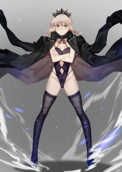 Rule 34 | 1girl, artoria pendragon (all), artoria pendragon (alter swimsuit rider) (third ascension) (fate), artoria pendragon (fate), bare hips, black jacket, black thighhighs, blonde hair, blush, breasts, cleavage, club3, crossed arms, fate/grand order, fate (series), frown, gluteal fold, highleg, highres, jacket, lace, lace-trimmed legwear, lace trim, legs apart, leotard, looking at viewer, saber alter, solo, standing, thighhighs, tiara, yellow eyes