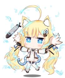 Rule 34 | 1girl, absurdly long hair, ahoge, animal ears, azur lane, bailingxiao jiu, black footwear, blonde hair, blue eyes, blush, cat ears, chibi, closed mouth, commentary request, detached sleeves, dowsing rod, dress, eldridge (azur lane), electricity, floating, full body, fur trim, hair ornament, heart, heart-shaped pupils, kemonomimi mode, long hair, long sleeves, looking away, outstretched arms, puffy long sleeves, puffy sleeves, shoes, sleeveless, sleeveless dress, solo, spread arms, symbol-shaped pupils, tail, thighhighs, torpedo, twintails, very long hair, white background, white dress, white thighhighs