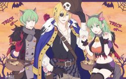 Rule 34 | 1girl, 2boys, animal ears, bare shoulders, basket, bell, belt, blonde hair, breasts, byleth (female) (fire emblem), byleth (fire emblem), byleth (male) (fire emblem), candy, cape, cleavage, collar, cookies, dimitri alexandre blaiddyd, eyepatch, fake animal ears, fire emblem, fire emblem: three houses, food, fur trim, gloves, green eyes, green hair, halloween, halloween costume, hands up, hat, large breasts, long hair, multiple boys, navel, neck bell, nintendo, open mouth, orange background, pirate, pirate costume, pirate hat, red gloves, scarf, short hair, short shorts, short sleeves, shorts, simple background, sleeves rolled up, strap, tail, wolf ears, wolf tail, yamigo