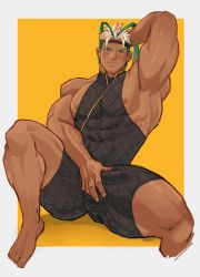 Rule 34 | 1boy, abs, antenna hair, arbbun, armpits, bara, barak (world flipper), bare shoulders, black headband, blonde hair, blush, bulge, commentary request, covered abs, crotch grab, dark-skinned male, dark skin, erection, erection under clothes, headband, large pectorals, looking at viewer, male focus, multicolored hair, muscular, muscular male, nipple slip, nipples, pectorals, grabbing own breast, shirt, short hair, sidepec, sitting, sleeveless, sleeveless shirt, smile, solo, stomach, taut clothes, taut shirt, thick thighs, thighs, two-tone hair, v-shaped eyebrows, world flipper