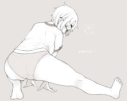 Rule 34 | 1girl, ?, absurdres, all fours, ass, barefoot, feet, from behind, full body, glasses, grey background, greyscale, gym shirt, highres, koeru otoge-san, lineart, looking back, monochrome, neyuki rei, otouge azuki, panties, profile, shirt, short hair, soles, stretching, thick eyebrows, thick thighs, thighs, underwear