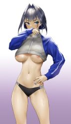 Rule 34 | 1girl, absurdres, areola slip, black hair, black panties, blue eyes, blue nails, blush, breasts, clueless, covering own mouth, cowboy shot, cropped jacket, hair intakes, hand on own hip, hand up, highres, hololive, hololive english, jacket, kuroi suna, large breasts, long sleeves, multicolored clothes, multicolored jacket, nail polish, ouro kronii, panties, short hair, sideways glance, solo, standing, sweat, two-tone jacket, underboob, underwear, virtual youtuber, zipper