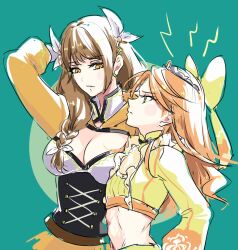 Rule 34 | 2girls, abs, black corset, blue background, bow, breasts, brown eyes, brown hair, cleavage, closed mouth, corset, cropped shirt, etie (fire emblem), fire emblem, fire emblem engage, goldmary (fire emblem), green eyes, hair bow, highres, large breasts, long hair, long sleeves, looking at viewer, midriff, multiple girls, nintendo, orange hair, small breasts, tiara, umi ( oneinchswing)