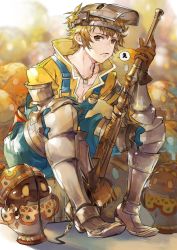 Rule 34 | 1boy, armored boots, boots, brown hair, gloves, gran (granblue fantasy), granblue fantasy, highres, jar, looking at viewer, male focus, mechanic (granblue fantasy), overalls, sitting, solo, soysae, welding mask