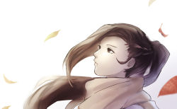 Rule 34 | 1girl, bad id, bad pixiv id, brown eyes, brown hair, fire emblem, fire emblem fates, ichikeita, kagero (fire emblem), leaf, long hair, nintendo, ponytail, scarf, simple background, solo, white background