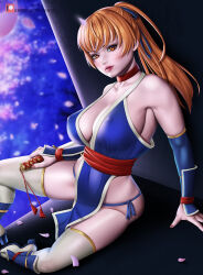 Rule 34 | 1girl, breasts, brown hair, cleavage, covered erect nipples, dead or alive, dead or alive 6, highres, kasumi (doa), large breasts, lips, long hair, ninja, petals, ponytail, sitting, thighhighs, yiqiang