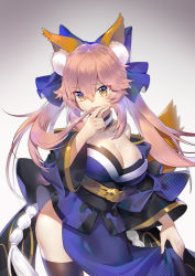Rule 34 | 10s, 1girl, animal ears, balusah, blue thighhighs, breasts, cleavage, detached sleeves, fate/extra, fate/extra ccc, fate/grand order, fate (series), fox ears, fox tail, hair ribbon, japanese clothes, large breasts, looking at viewer, pink hair, revision, ribbon, solo, tail, tamamo (fate), tamamo no mae (fate/extra), thighhighs, yellow eyes