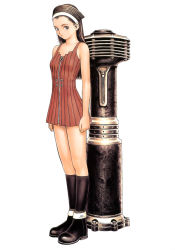 Rule 34 | 1girl, boots, brown eyes, brown hair, dress, flat chest, full body, hairband, highres, knee boots, legs together, like a balance life, long hair, looking at viewer, machinery, murata range, red dress, short hair, simple background, solo, standing, white background