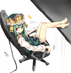 Rule 34 | 1girl, bare legs, barefoot, chair, crossed legs, feet, feet on table, female focus, frown, green hair, hat, legs, looking at viewer, nabeshima tetsuhiro, office chair, red eyes, shiki eiki, sitting, sketch, skirt, solo, surprised, sweatdrop, swivel chair, touhou