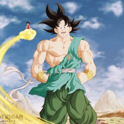 Rule 34 | 2boys, after fight, black eyes, black hair, cloud, cloudy sky, dragon ball, flying nimbus, happy, highres, master and apprentice, master and pupil, multiple boys, muscular, muscular male, sky, smile, son goku, tagme, torn clothes, uub