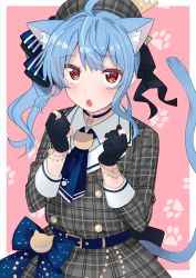 Rule 34 | 1girl, absurdres, ahoge, animal ear fluff, animal ears, black choker, black gloves, blue hair, blue neckerchief, cat ears, cat girl, cat tail, choker, collared shirt, commentary, fang, gloves, grey hat, grey jacket, hat, highres, hololive, hoshimachi suisei, hoshimachi suisei (1st costume), jacket, jewelry, long hair, long sleeves, neckerchief, necklace, open mouth, partially fingerless gloves, paw print, paw print background, plaid, plaid headwear, plaid jacket, red eyes, shirt, solo, tail, tonarikeru, virtual youtuber, white shirt