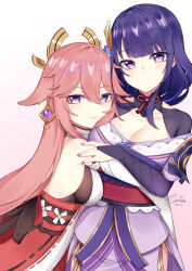 Rule 34 | 2girls, :3, absurdres, animal ears, bare shoulders, blush, breasts, bridal gauntlets, cleavage, closed mouth, commentary request, dated, detached sleeves, earrings, floppy ears, fox ears, genshin impact, gradient background, hair ornament, hand on another&#039;s shoulder, highres, hug, japanese clothes, jewelry, kimono, large breasts, long hair, medium breasts, mole, mole under eye, multiple girls, obi, obijime, pink hair, purple eyes, purple hair, purple kimono, purple nails, raiden shogun, red sash, sash, shrug (clothing), signature, smile, upper body, white background, white sleeves, yae miko, ying miao, yuri