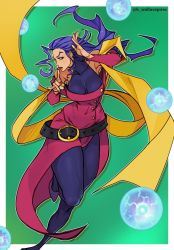 Rule 34 | 1girl, belt, dress, finger to mouth, green eyes, hagoromo, hair slicked back, highres, nail polish, orb, pantyhose, purple hair, purple pantyhose, red dress, rose (street fighter), scarf, shawl, single hair intake, solo, street fighter, turtleneck, twitter username, wallace pires, yellow scarf