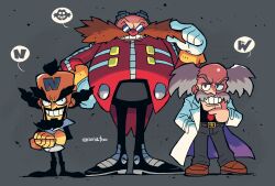 Rule 34 | 3boys, absurdres, bald, colored skin, crash bandicoot (series), crossover, dr. eggman, dr. wily (mega man), evil grin, evil smile, facial hair, glasses, gloves, goggles, goggles on head, grin, highres, jacket, lab coat, male focus, mega man (classic), mega man (series), multiple boys, multiple crossover, mustache, neo cortex, pants, rariatto (ganguri), red jacket, scientist, shoes, smile, sonic (series), trait connection, white gloves, yellow gloves, yellow skin
