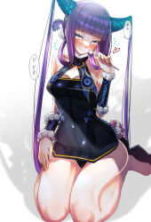 Rule 34 | 1girl, bare shoulders, black dress, blue eyes, blunt bangs, blush, breasts, china dress, chinese clothes, cleavage, detached sleeves, dress, fate/grand order, fate (series), flying sweatdrops, hair ornament, highres, lap pillow invitation, leaf hair ornament, long hair, looking at viewer, medium breasts, purple hair, sanazura hiroyuki, seiza, side slit, sidelocks, sitting, smile, solo, speech bubble, thighs, translation request, twintails, very long hair, yang guifei (fate)
